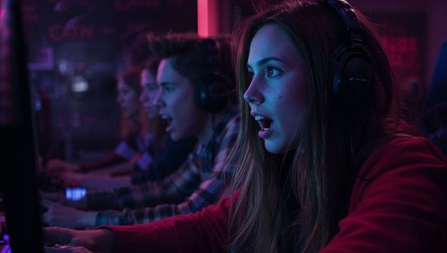 Enthusiastic Female Gamer Immersed in Action-Packed Esports Tournament