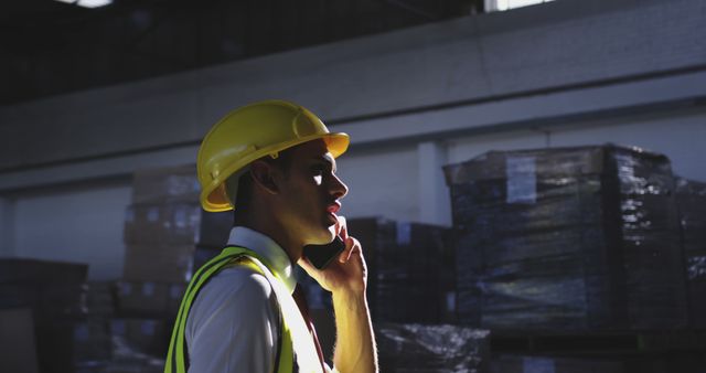 Warehouse supervisor, wearing a yellow hard hat and reflective safety vest, engaged in conversation on phone in a dimly lit warehouse with stacked pallets. Ideal for uses in industrial safety, logistics, and management themes, emphasizing communication and responsibility in professional settings.