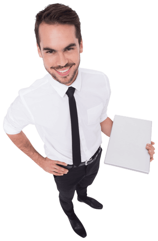 Transparent Smiling Businessman Holding Laptop in Office Attire - Download Free Stock Videos Pikwizard.com