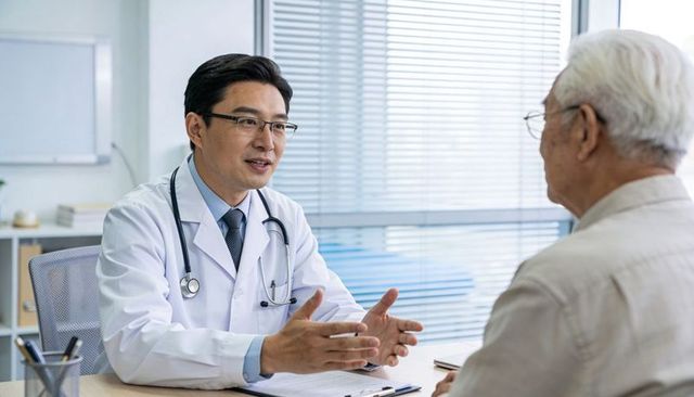Doctor consulting elderly patient at clinic desk explaining treatment with calm gesture