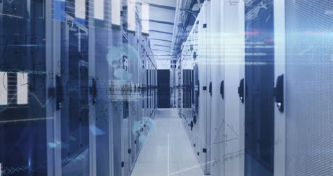 High-Tech Server Room with Data Overlay Animation