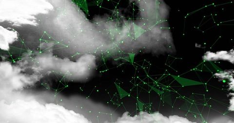 Digital Network Grid in Cloudy Sky with Green Triangular Mesh