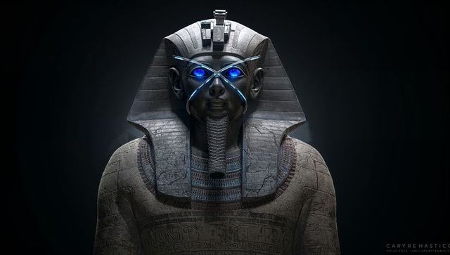 Futuristic pharaoh bust with glowing blue eyes and cybernetic nemes headdress