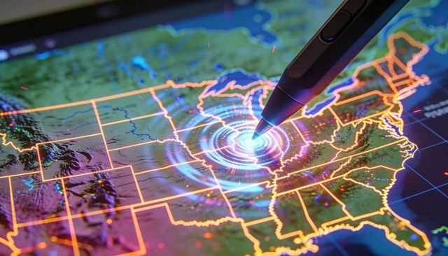 Digital Stylus Highlighting Geospatial Analytics on Interactive US Map with Neon Target