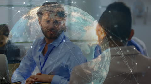 Diverse Business Team Collaborating with Globe Projection