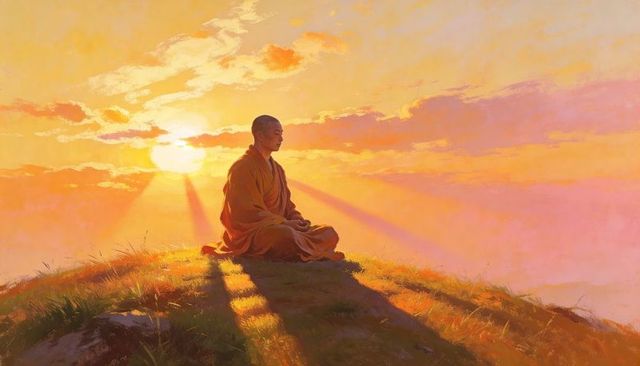 Solitary monk meditating on hilltop at golden sunrise in saffron robes, backlit serenity