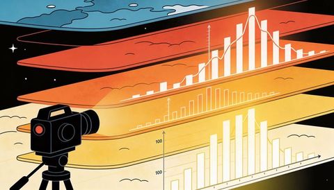 Camera capturing layered data visualization with colorful bar charts, line graphs, horizon