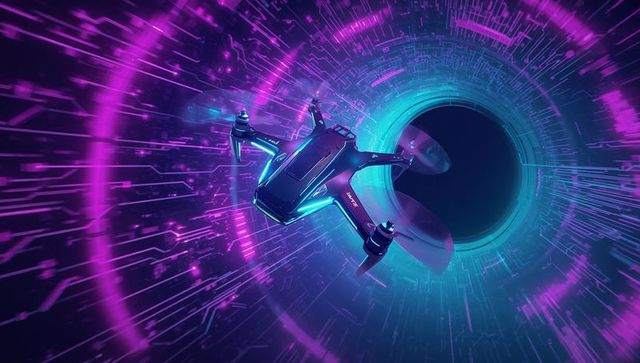 Flying quadcopter drone entering neon cyberspace portal with glowing circuitry tunnel