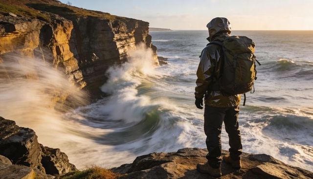 Hiker overlooking crashing waves from rugged sandstone cliff during golden hour