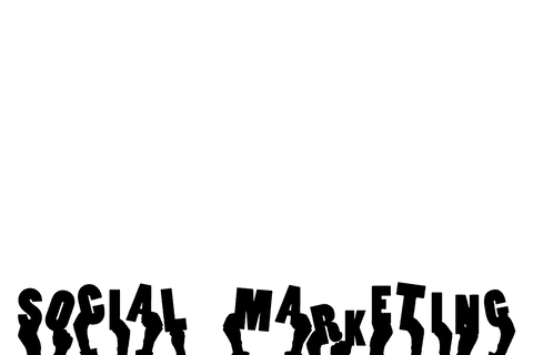 Transparent hand holding smartphone with social marketing text