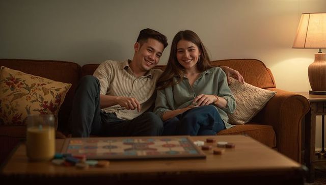 Smiling couple playing board game on cozy sofa during candlelit game night at home