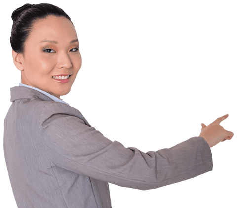 Confident Asian Woman Pointing on Transparent Background