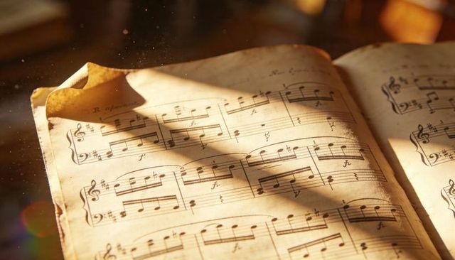 Resting open yellowed sheet music catching warm sunlight and floating dust motes