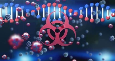 Biohazard symbol and dna strands with viruses on blue background