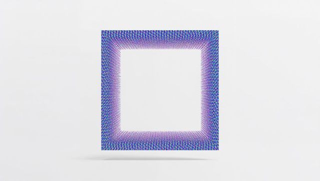 Hollow neon pixel square frame floating over white core with cyan magenta purple gradient