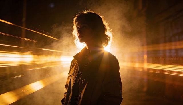 Backlit woman at night with golden light trails and smoky rimlight