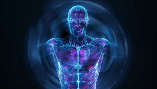 Futuristic Glowing Anatomical Figure with Holographic Rings