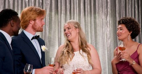 Friends Toast at Wedding Celebration with Joyous Bride and Groom