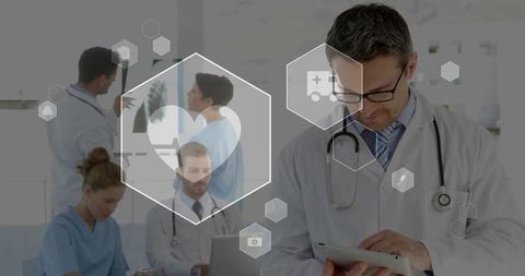 Medical Team Collaborating on Digital Patient Records and X-Ray Review in Modern Clinic
