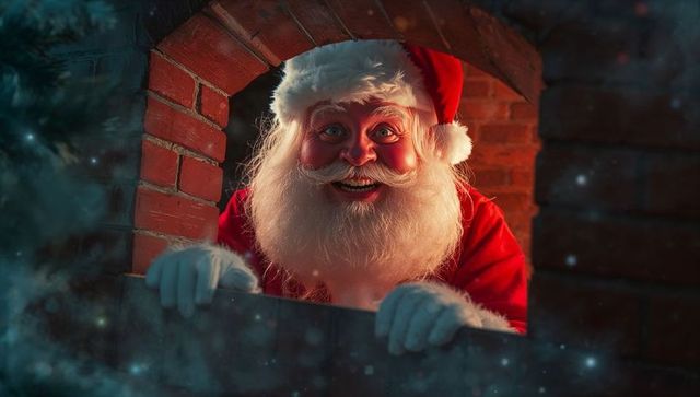 Santa claus peering through brick chimney with magical sparkles