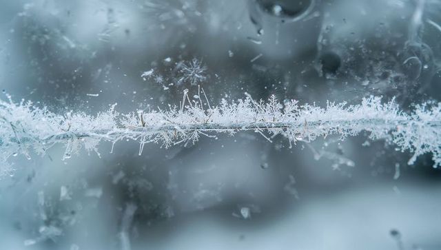 Hoarfrost-coated twig with delicate snowflake crystals and icy blue macro bokeh