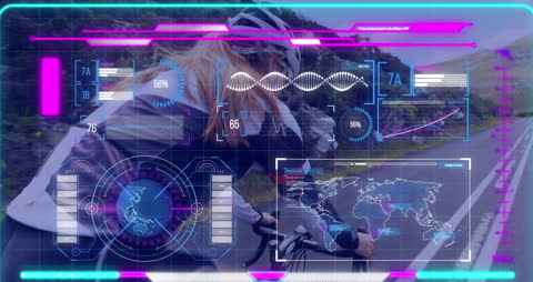 Female Cyclist with Futuristic Data Display on Countryside Road