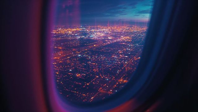 Urban night cityscape seen through airplane window