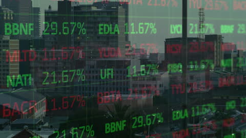 Financial Data Overlay Against Urban Skyline Conceptualizing Market Dynamics