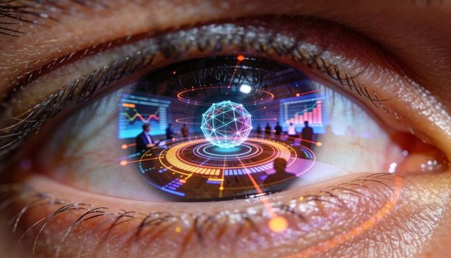 Close-up eye reflecting futuristic holographic hud with business data and network sphere