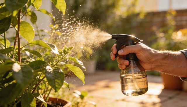 Right hand spraying fine mist on potted greenery at sunlit patio gardening routine closeup