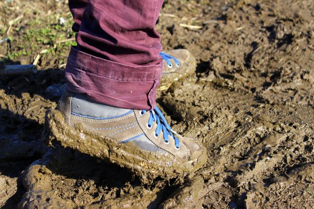 Close-up of a pair of brown boots with blue shoelaces covered in mud against a muddy background. Legs are wearing purple pants, suggesting an outdoor activity like hiking or adventure. The scene conveys ruggedness and being in nature. Ideal for use in hiking advertisements, outdoor gear promotions, nature-related articles, or illustrating adventurous experiences.