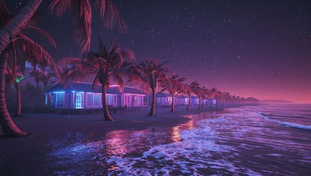 Neon-Lit Beachfront Bungalows Under Starry Night Sky