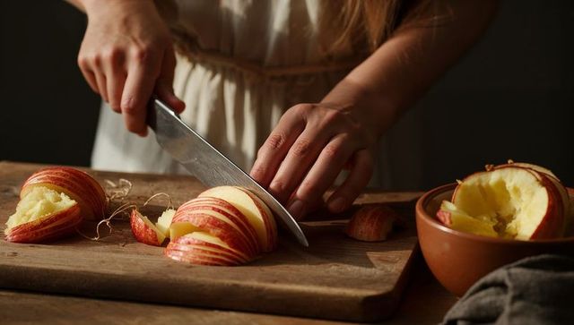 Hands slicing red apple on wooden cutting board with chef knife and terracotta bowl