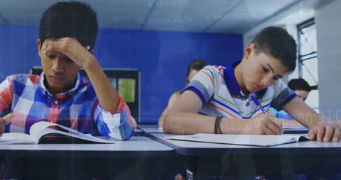 Diverse Students Studying in Classroom with Digital Graph Overlay