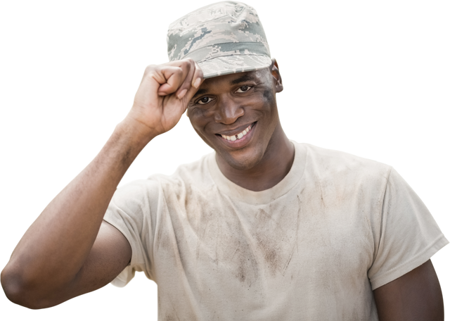 Smiling African American Soldier Holding Cap on Transparent Background - Download Free Stock Videos Pikwizard.com