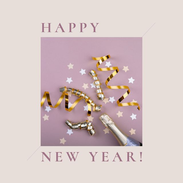 Square image of happy new year, champagne and confetti on violet and beige background - Download Free Stock Videos Pikwizard.com