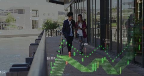 Walking young men checking smartphone with bicycle and skateboard, finance data overlay