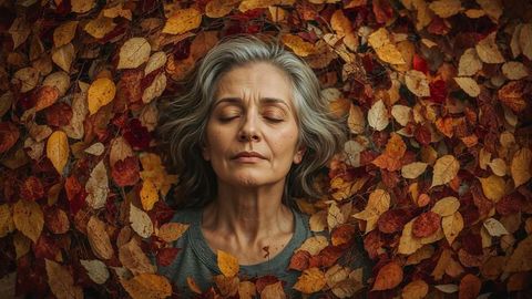Serene old people resting amid autumn leaves