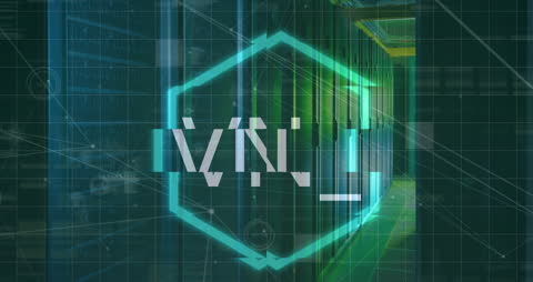 NFT Text on Neon Hexagonal Banner in Data Server Room Representation