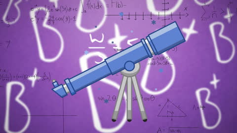 Digital Data Processing with Telescope Animation on Purple Background