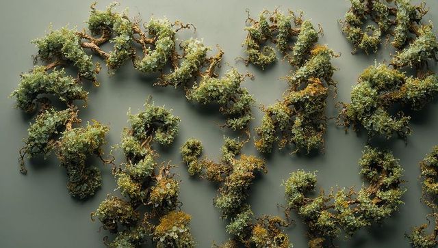 Arranging preserved moss and lichen clusters into organic flatlay patterns on muted wood