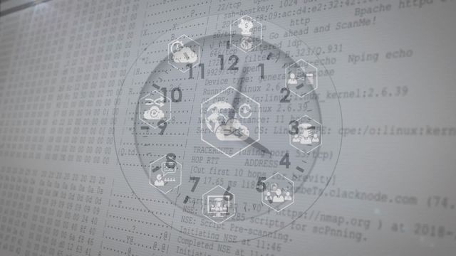 Animation features a moving clock overlay combining business icons and data processing elements. This visual symbolizes real-time data analysis, global business connectivity, and the integration of modern technology within organizational structures. Useful for presentations on digital business strategies, technological innovation, and analytical solutions.