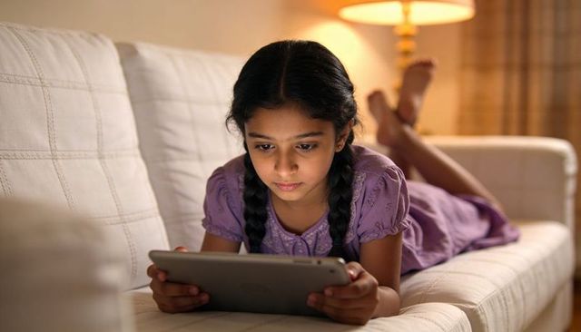 Indian girl using tablet on sofa at night, focused learning and evening relaxation