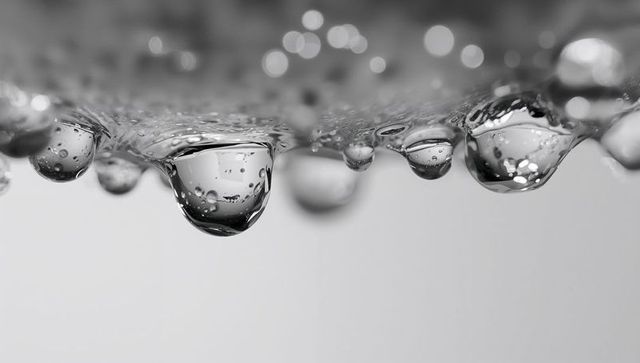 Hanging water droplets forming linear row on thin liquid film with air bubbles and bokeh