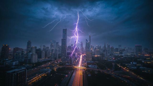 Dramatic Lightning Bolt Over Futuristic Urban Night Skyline