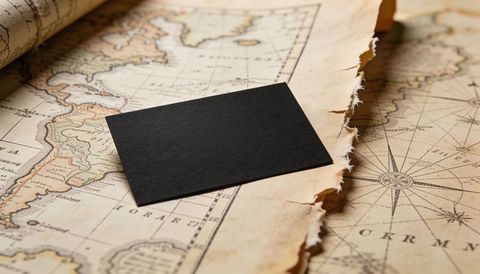 Matte black business card on vintage nautical map with compass rose and torn parchment