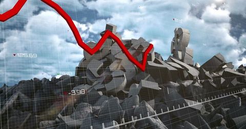 Financial graph over crumbling dollar symbols against sky