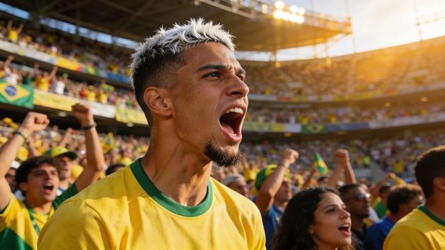 Passionate brazilian football fan cheering loud in sunlit stadium packed with supporters