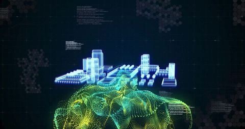 Holographic Cityscape Above Digital Mesh in Futuristic Virtual Environment