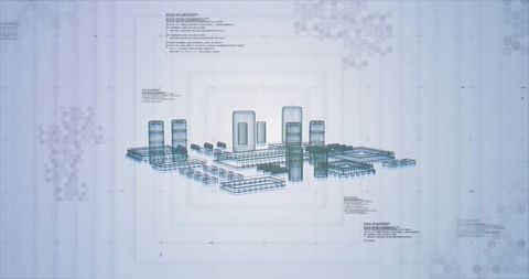 Futuristic wireframe model of industrial plant with tanks and piping